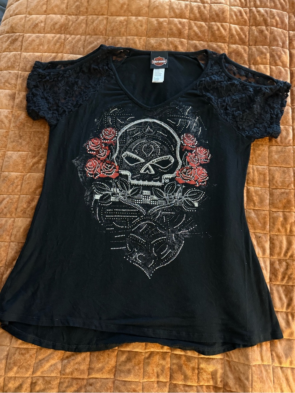Harley-Davidson Black V-Neck Top with Red Rose Rhinestone Skull